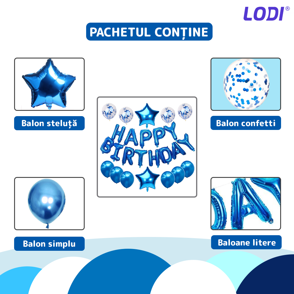 Set 25 Baloane Lodi756, Litere, pentru Petreceri/Aniversari/Evenimente, confetti, stelute, model HAPPY BIRTHDAY, albastru