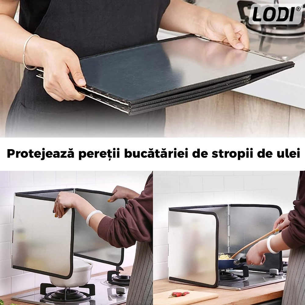 Placa de Protectie Aragaz Anti-Stropi Lodi87, panou triplu, pliabila, metal, de inalta calitate, usor de curatat, 97x30cm, argintiu