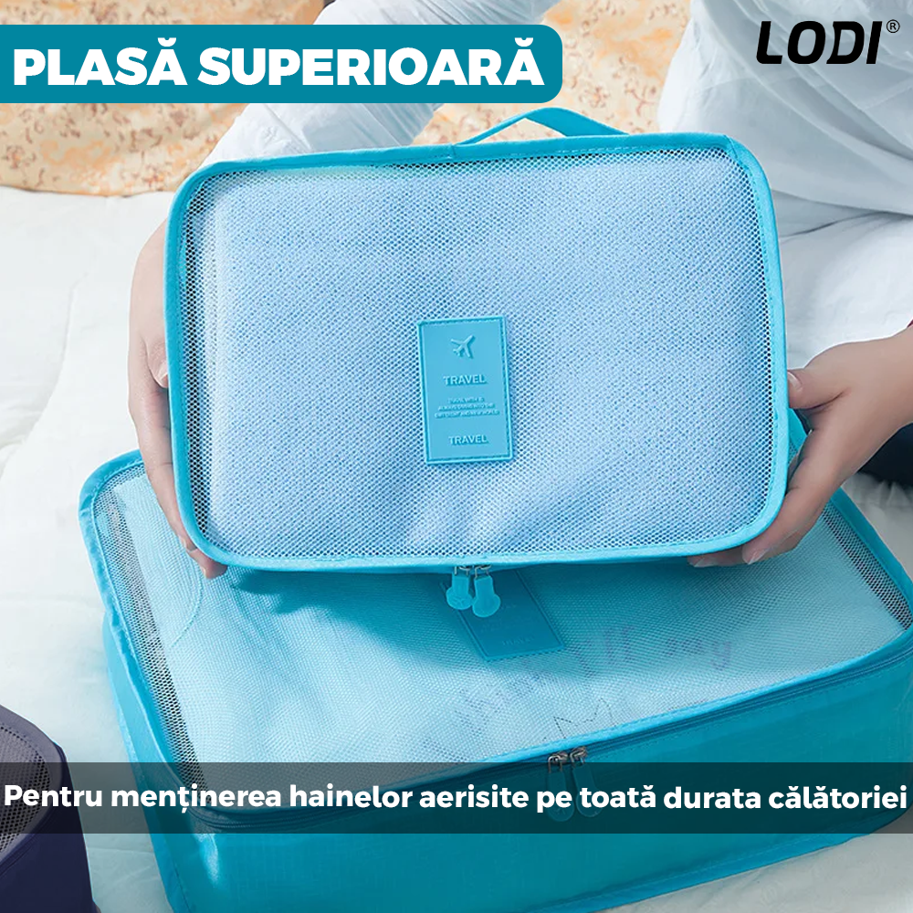 Set 6 Organizatoare Lodi670, pentru calatorie, diferite marimi, bagaj de voiaj, valiza, troler, genti, haine, accesorii, inchidere cu fermoar dublu, plasa, albastru deschis