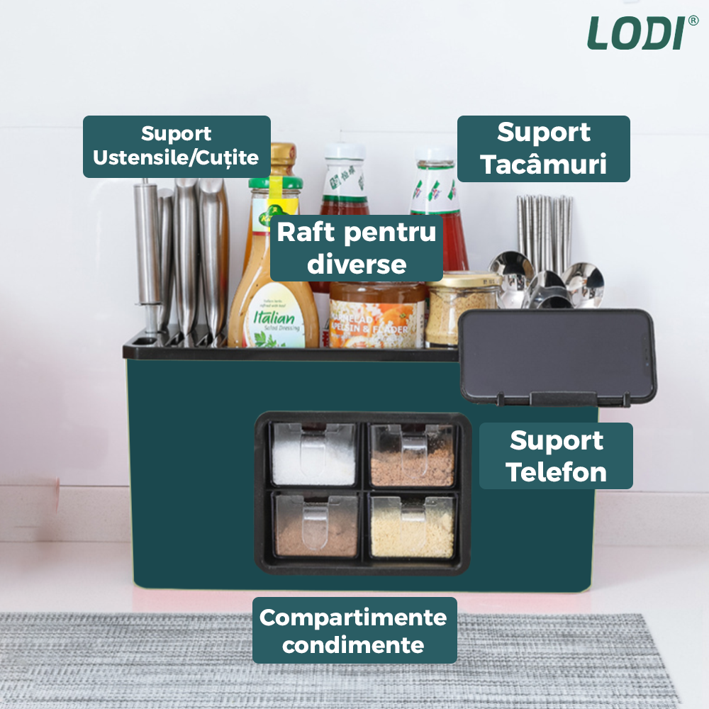 Organizator Multifunctional pentru Bucatarie Lodi537, 4 Compartimente, raft condimente, suport detasabil telefon, tavita de scurgere, suport tacamuri/ustensile, verde inchis