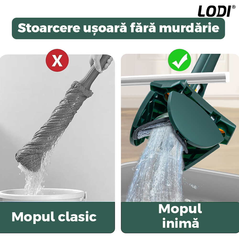 Mop cu Cap in Forma de Inima Lodi551, rotire 360 grade, telescopic, curatare usoara, 4 lavete incluse, 127 cm, verde/galben