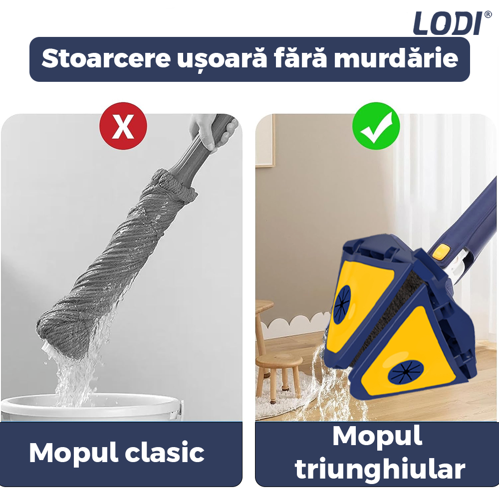 Mop cu Cap Triunghiular Lodi1144, rotire 360 grade, telescopic, curatare usoara, 3 lavete incluse, 127 cm, albastru/galben deschis