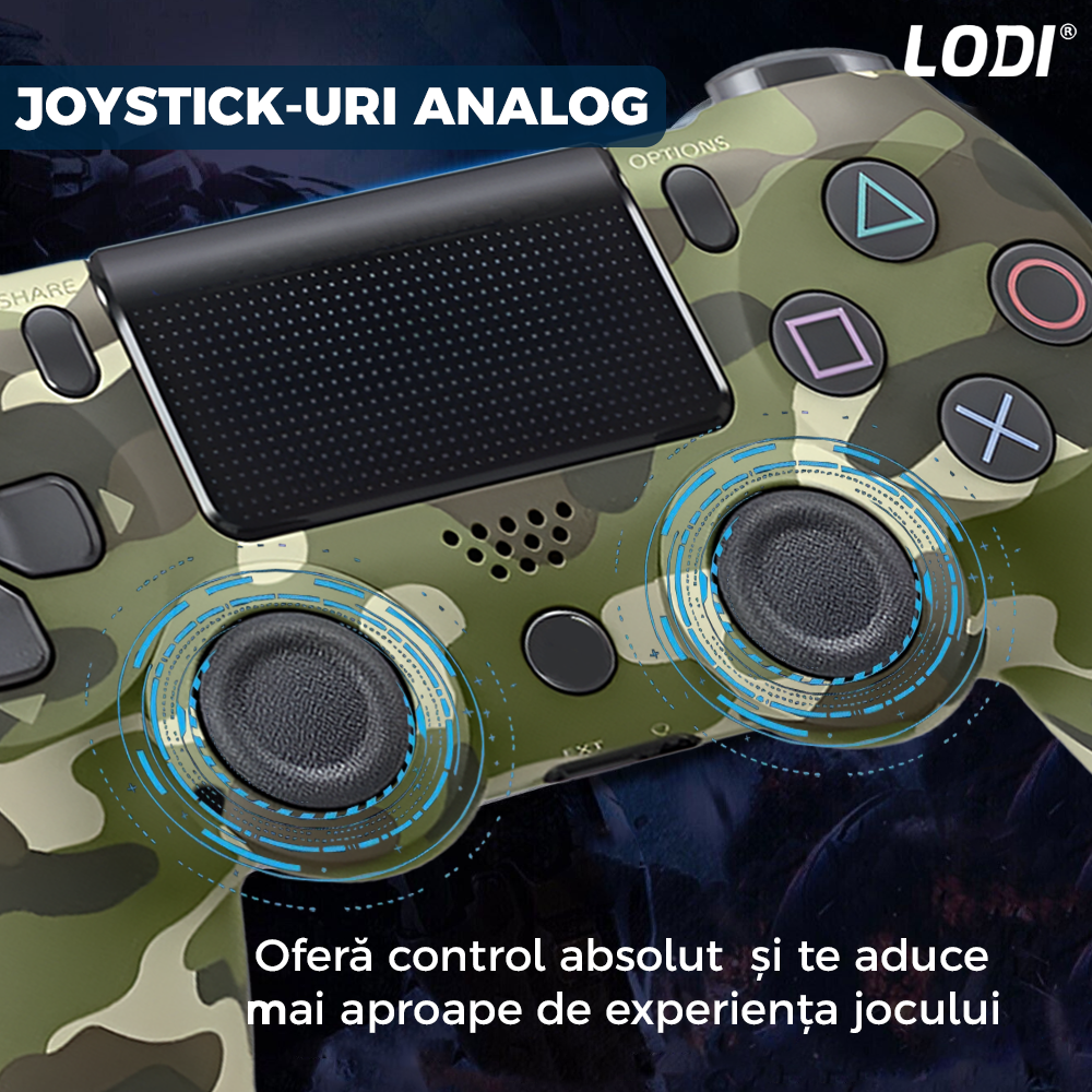 Controller Wireless DoubleShock Lodi1195, compatibil cu PS4, joystick-uri analog, vibratie dubla, baterie performanta, cammouflage
