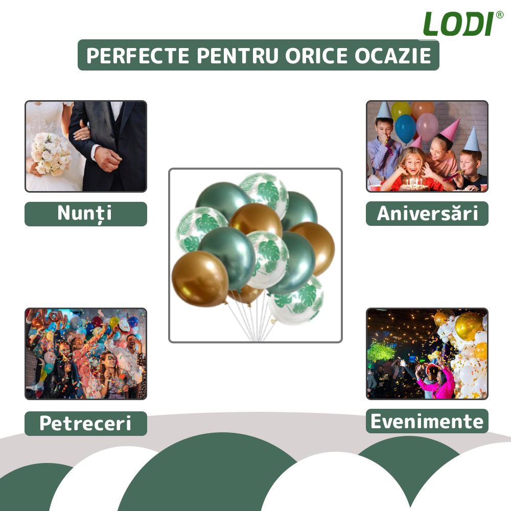 Set 15 Baloane Lodi305, Model Frunze, pentru Petreceri/Aniversari/Evenimente, o singura dimensiune, 3 culori, latex, verde/auriu/transparent