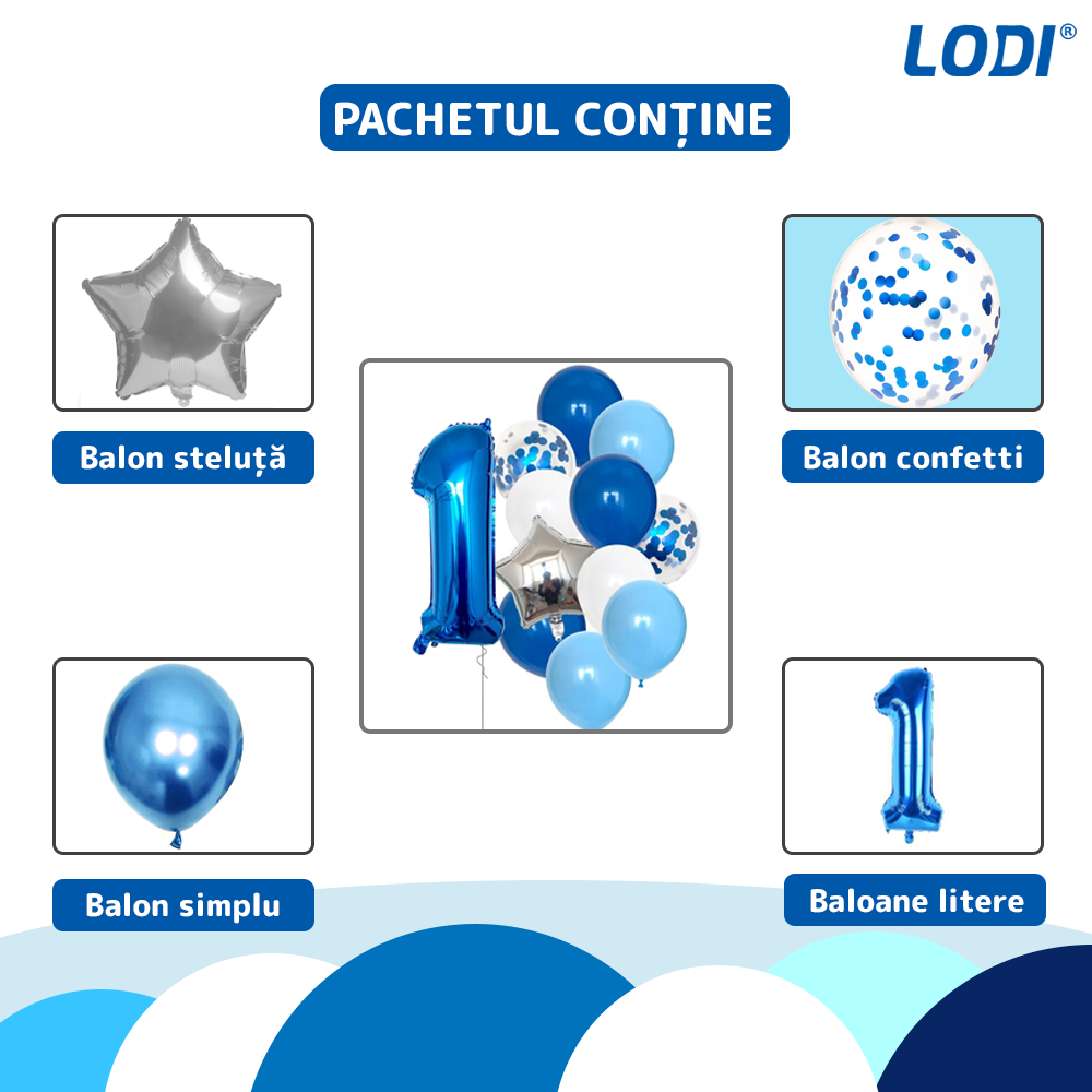 Set 12 Baloane Lodi1445, Cifra 1, pentru Petreceri/Aniversari/Evenimente, Stea/Rotunde/Confetti, 3 culori, latex, albastru