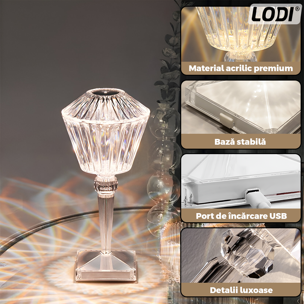Lampa Ambientala Cristal LED Lodi1220, forma diamant, portabila, 3 moduri de iluminare, intensitate ajustabila, tactila, incarcare USB