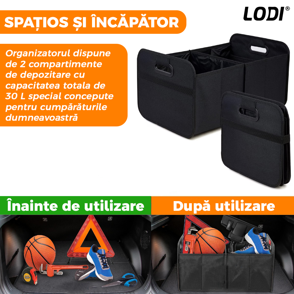 Organizator Auto Portbagaj Lodi294, 2 compartimente, pliabil, portabil, elastic de prindere, multifunctional, universal, negru