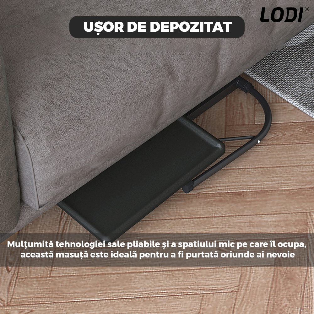 Masa Laptop Multifunctionala Lodi626, patrata, 3 trepte de inaltime, unghi ajustabil, cadru metalic, rezistenta, negru, 43 x 43 cm