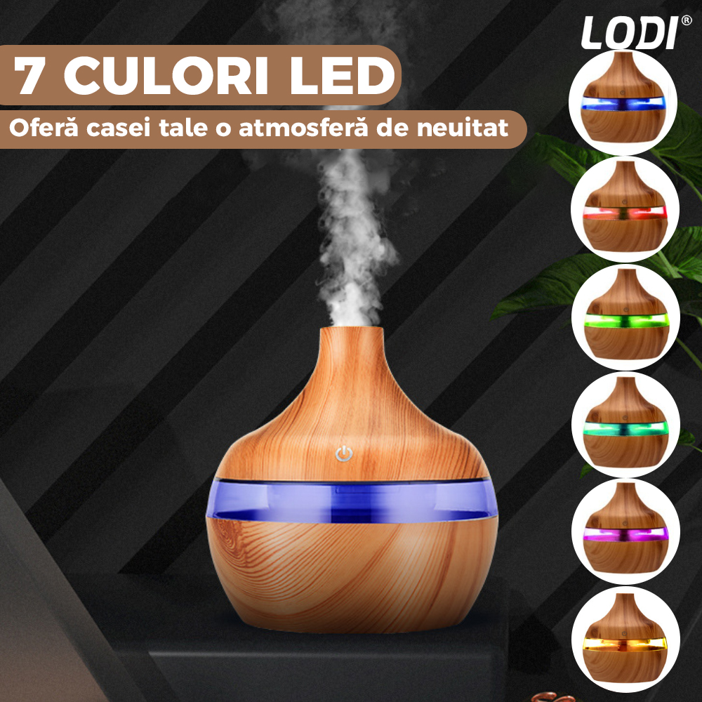 Difuzor Aromaterapie Lodi209, 7 culori LED, lumini dinamice, control tactil, capacitate 200ml, silentios, rezerva inclusa, umidifica aerul, stejar deschis