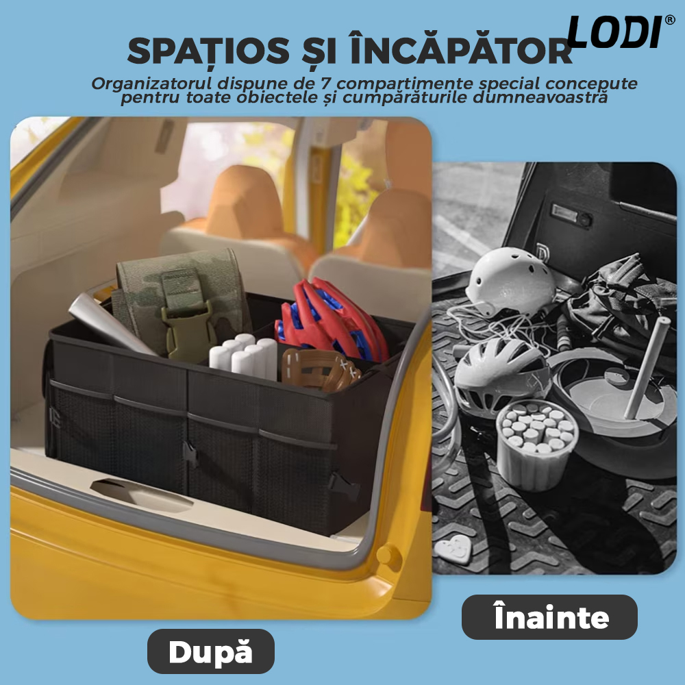 Organizator Auto Portbagaj Lodi293, 7 compartimente, pliabil, impermeabil, portabil, chingi de ancorare, multifunctional, universal, negru