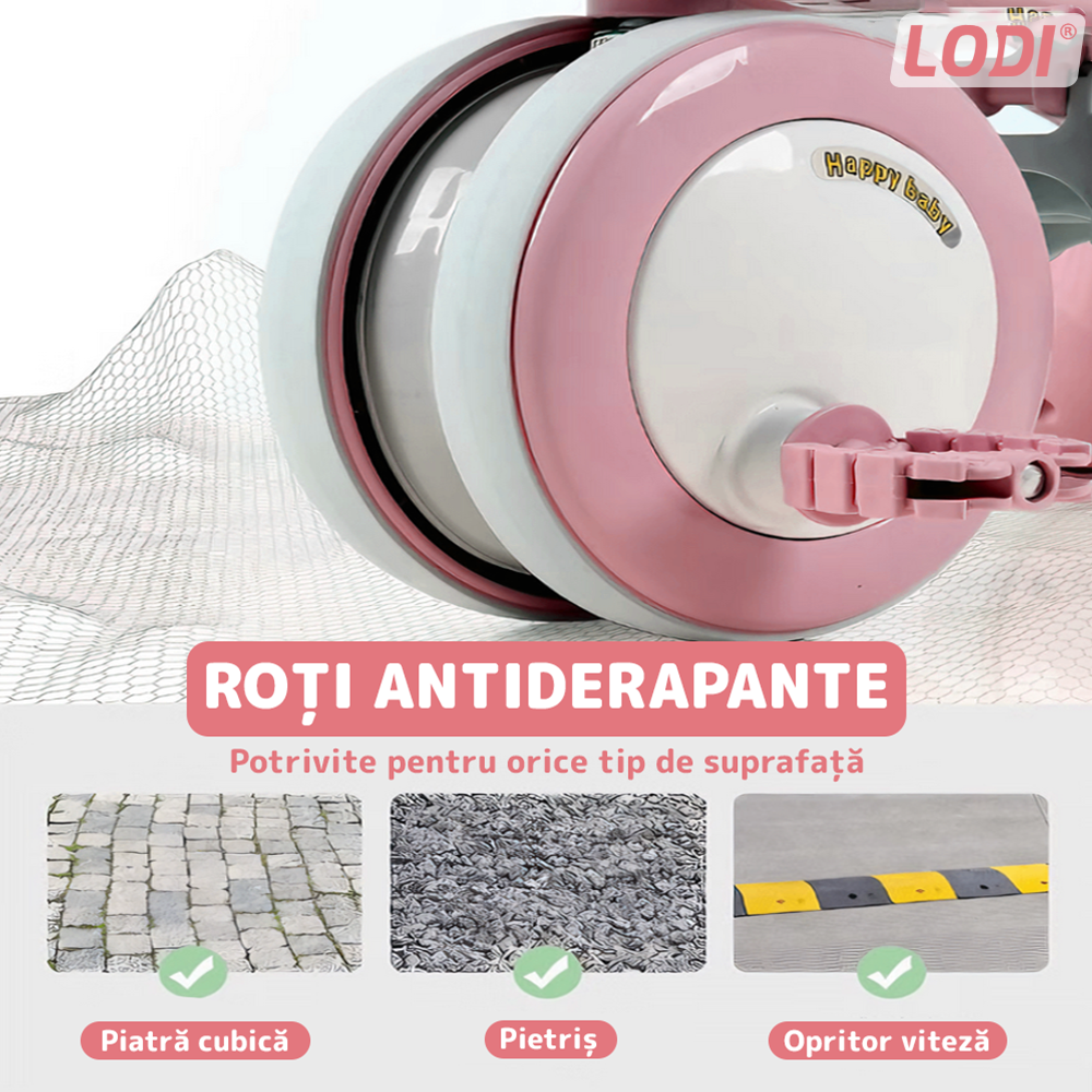 Tricicleta Multifunctionala Lodi1105, structura stabila, pedale anti-derapante, suport picioare, cosulet pe spate, spatar detasabil, parasolar, muzica incorporata, roz