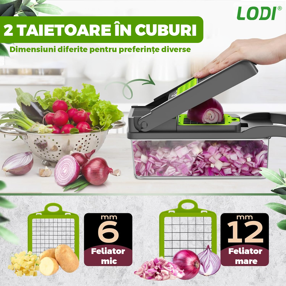 Feliator de Legume 13 in 1 Lodi752, multifunctional, 8 taieturi, accesorii pentru tocat, maruntit, feliat, julienne, separator de oua, lame de inox, 28 x 13 cm, verde