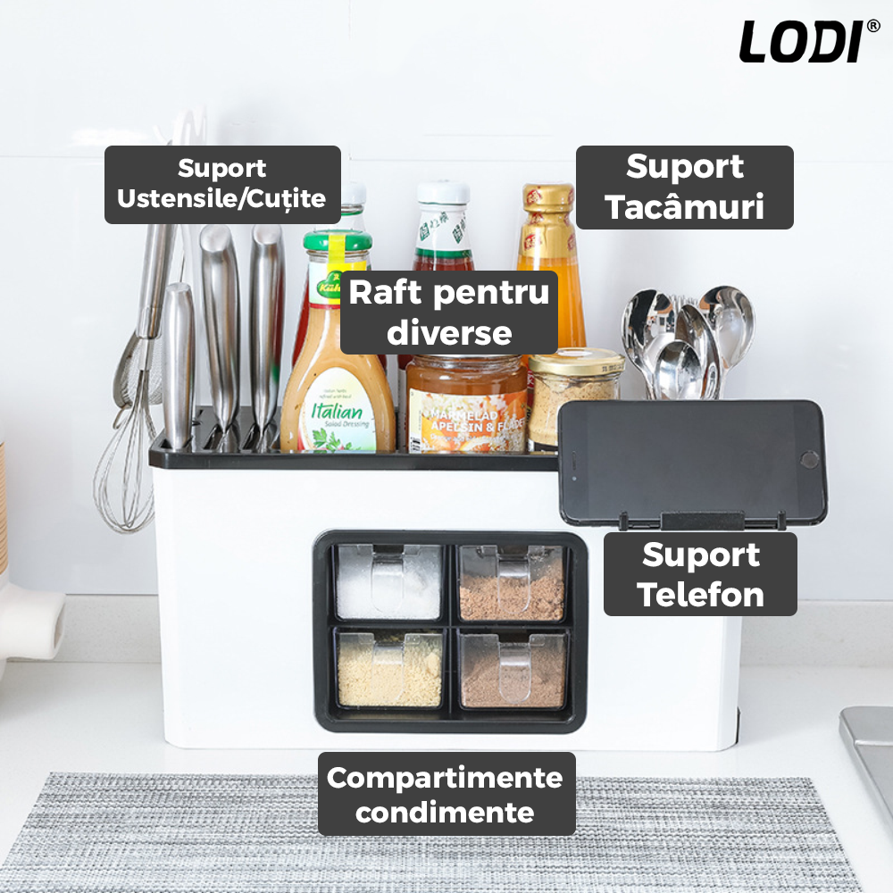 Organizator Multifunctional pentru Bucatarie Lodi534, 4 Compartimente, raft condimente, suport detasabil telefon, tavita de scurgere, suport tacamuri/ustensile, alb