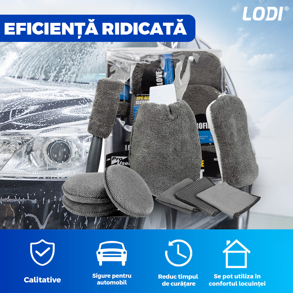 Kit pentru Curatare si Detailing Auto Lodi724, interior/exterior, pamatuf, manusa, burete dublu, 3 lavete, 3 piese pentru lustruire, microfibra, gri