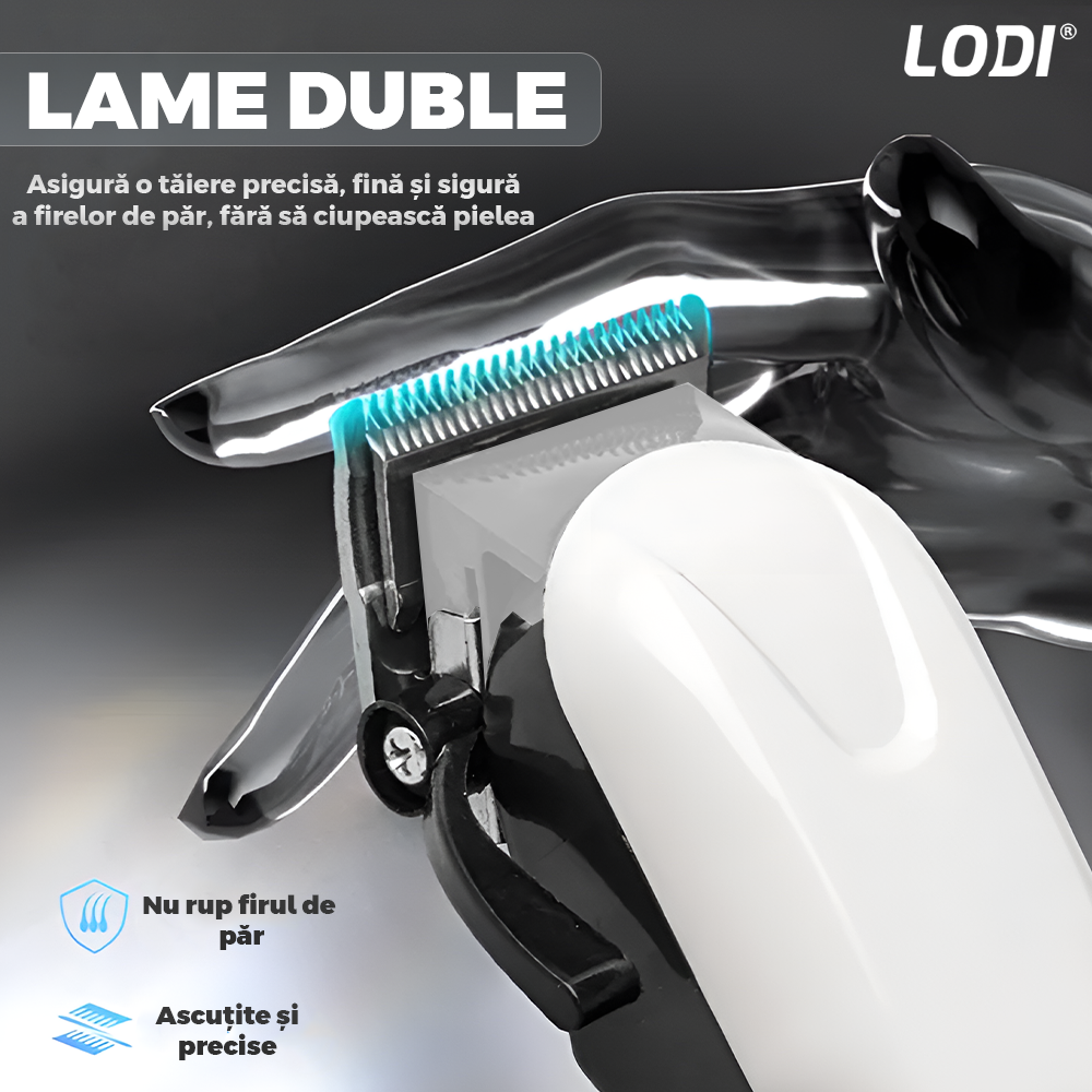 Aparat de tuns barba Lodi979, afisaj digital, 4 piepteni inclusi, incarcare la retea, lame ascutite, usor de curatat, trimmer profesional, alb