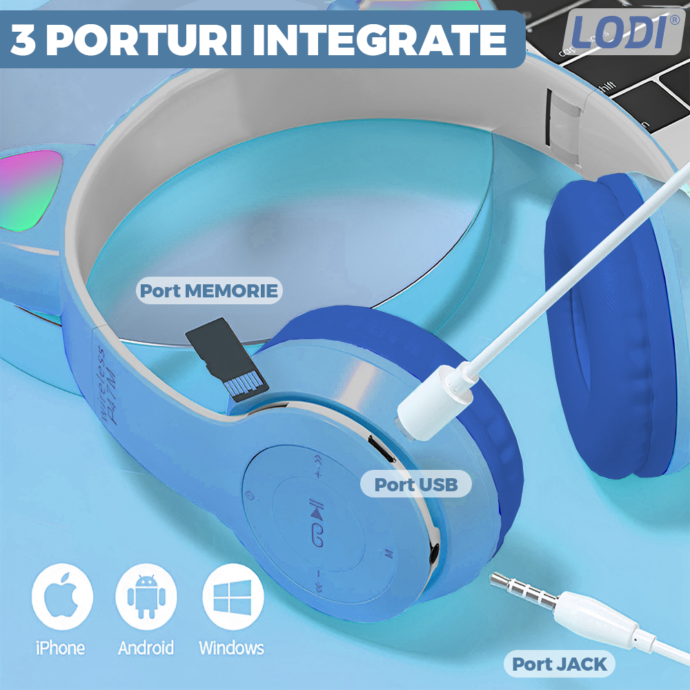 Casti Wireless Model Pisica Lodi955, P47M, overear, urechi de pisica cu iluminare RGB, bluetooth 5.0, handsfree, HiFi, bass stereo, albastru deschis