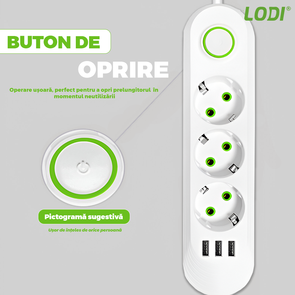 Prelungitor Lodi1276, 3 prize, 3 porturi USB, intrerupator, suport de agatare incorporat, rezistent la temperaturi inalte, universal, lungime 2 metri, alb