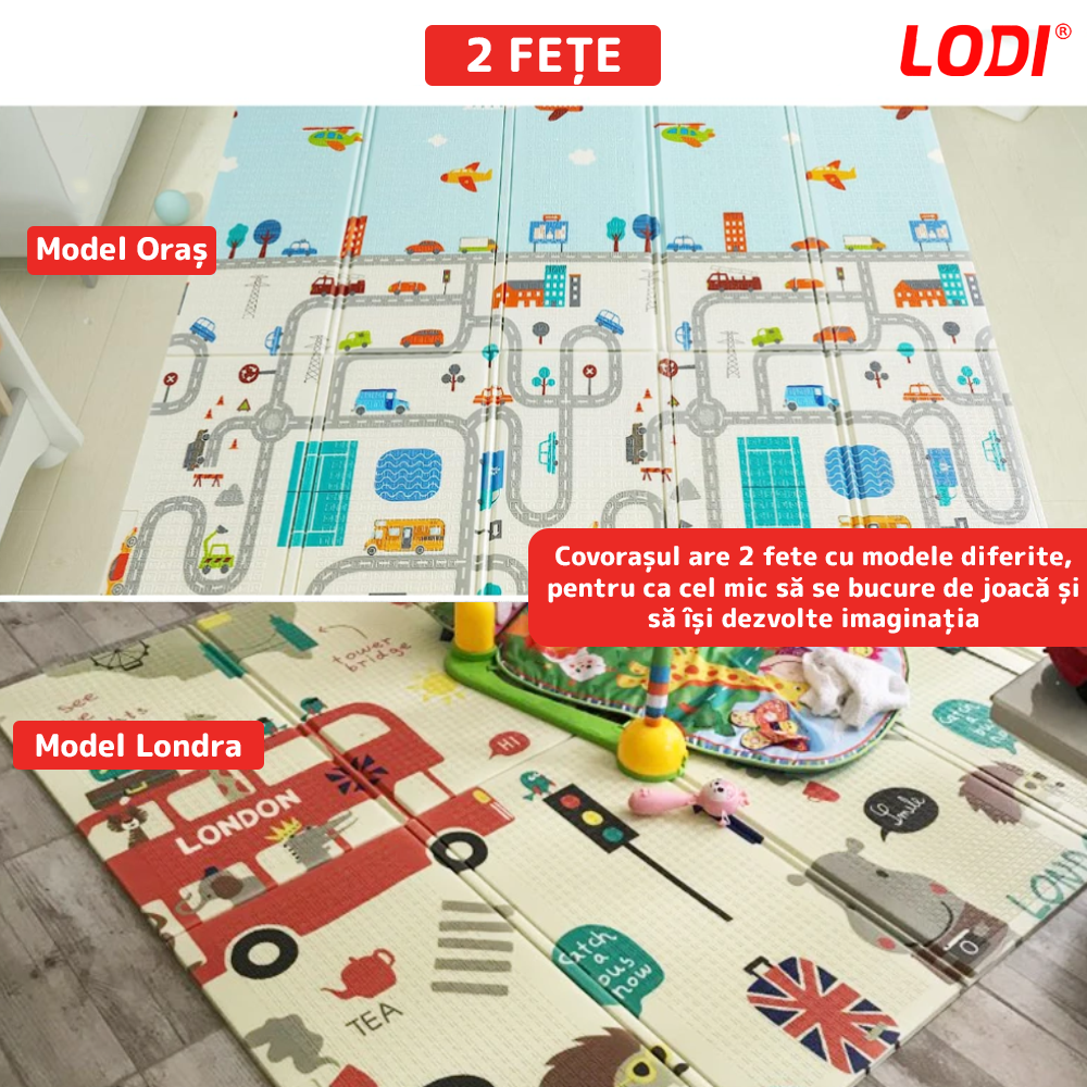 Covoras de Joaca pentru Copii Lodi488, 2 fete, termic, anti-derapant, pliabil, protectie impotriva loviturilor, oras si Londra, 200x180cm, grosime 1 cm, multicolor