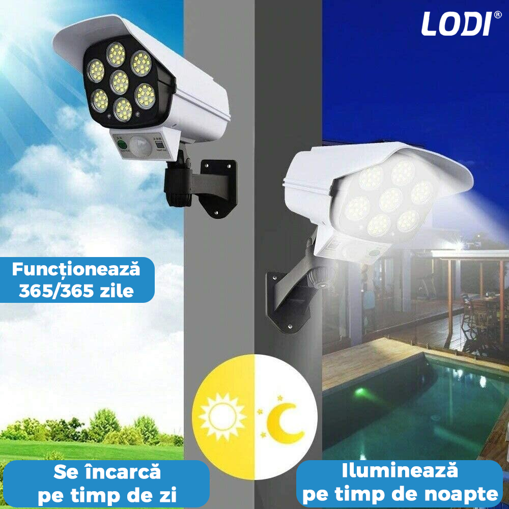 Lampa Solara 77 LED-uri Lodi264, tip camera, senzor de miscare, 3 moduri de iluminare, protectie IP65, Waterproof, exterior, telecomanda, alb