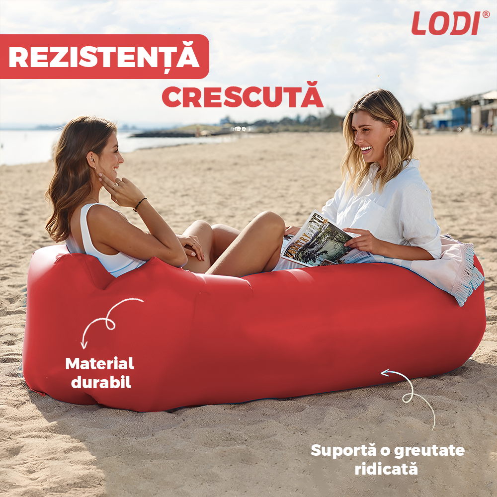 Saltea Gonflabila Tip Sezlong Lazybag Lodi1232, material rezistent, umflare fara pompa, pentru plaja/picnic/camping, rucsac de depozitare, 190 x 70 cm, rosu