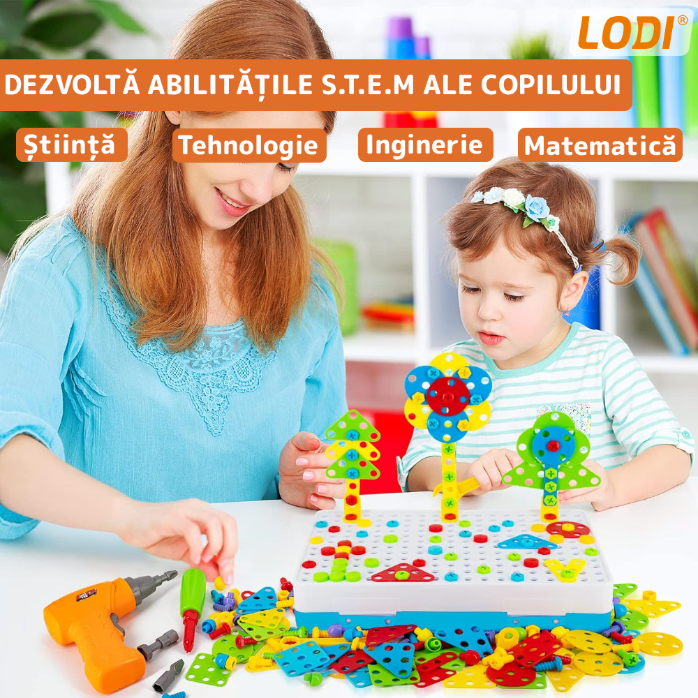 Jucarie Educativa si Interactiva 4in1 Lodi515, 237 piese, bormasina pentru inginerie, pentru fete si baieti, manual inclus, puzzle 3D/2D, montessori, dezvoltare STEM, multicolor