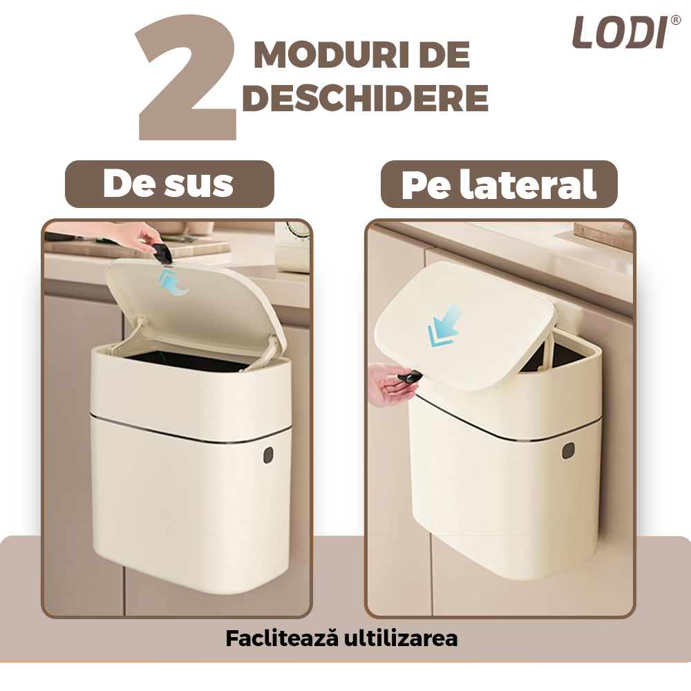Cos de Gunoi Suspendat Lodi989, prindere pe suport autoadeziv, aplicabil pe perete sau mobila doua moduri de deschidere a capacului, capacitate 7l, bej