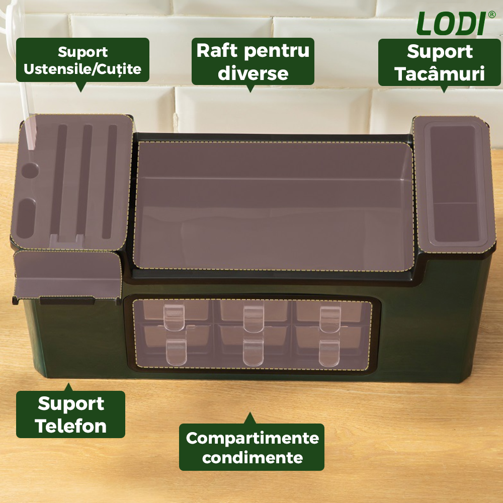 Organizator Multifunctional pentru Bucatarie Lodi533, 6 Compartimente, raft condimente, suport detasabil telefon, tavita de scurgere, suport tacamuri/ustensile, verde