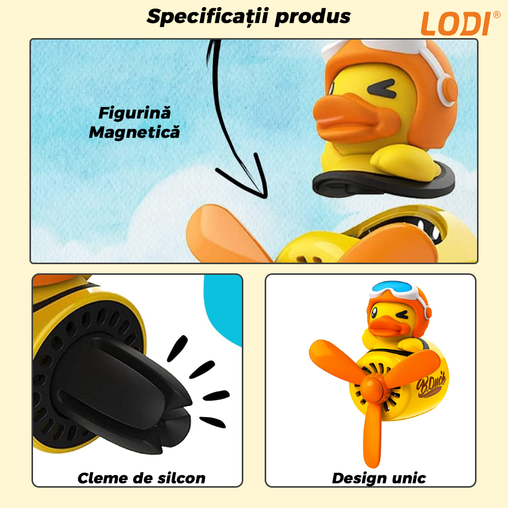 Difuzor Auto Aromaterapie Lodi336 car pilot yellow duck, kit odorizant, 2 arome cu extracte naturale incluse