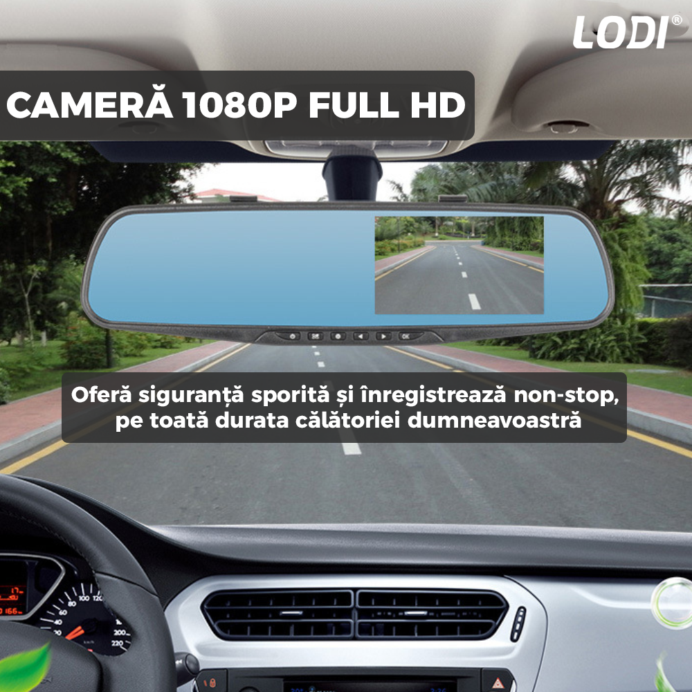Oglinda Auto Retrovizoare cu Camera Duala Lodi493, video Full HD 1080P, senzor G, 32GB, Night Vision, Display 2.8 inch, linii ghidaj parcare, negru