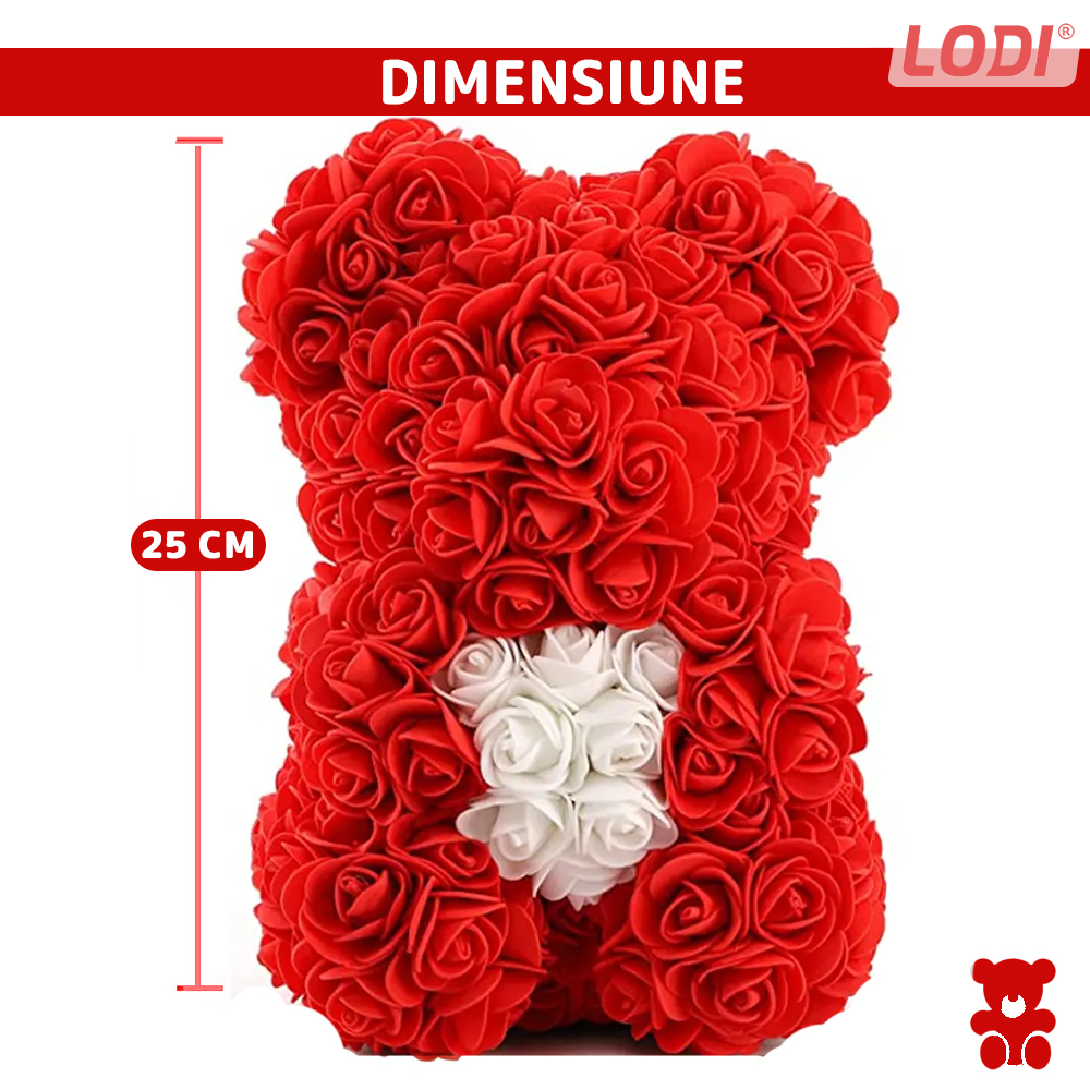 Ursulet din Trandafiri de Spuma Lodi334, floral rosu cu burtica alba, handmade, cutie transparenta, 25 cm