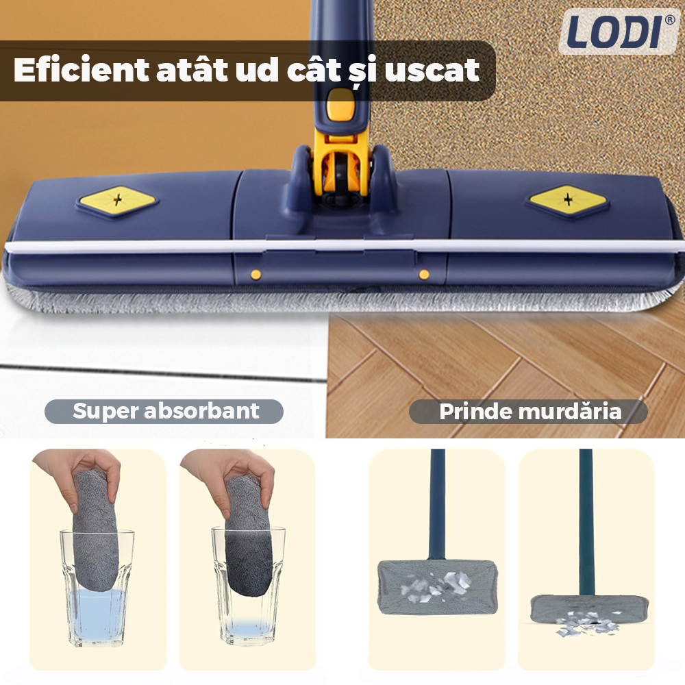 Mop cu Cap Dreptunghiular Lodi1178, rotire 360 grade, telescopic, curatare usoara, 2 lavete incluse, 123 cm, albastru/galben