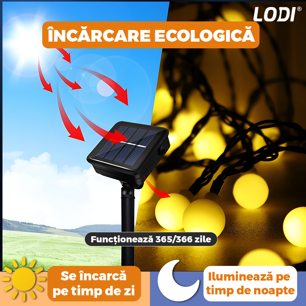 Ghirlanda Solara cu Globuri Lodi1262, 50 de LED-uri, incarcare solara, autonomie ridicata, protectie IP65, 8 moduri de iluminare, 7 metri, alb cald