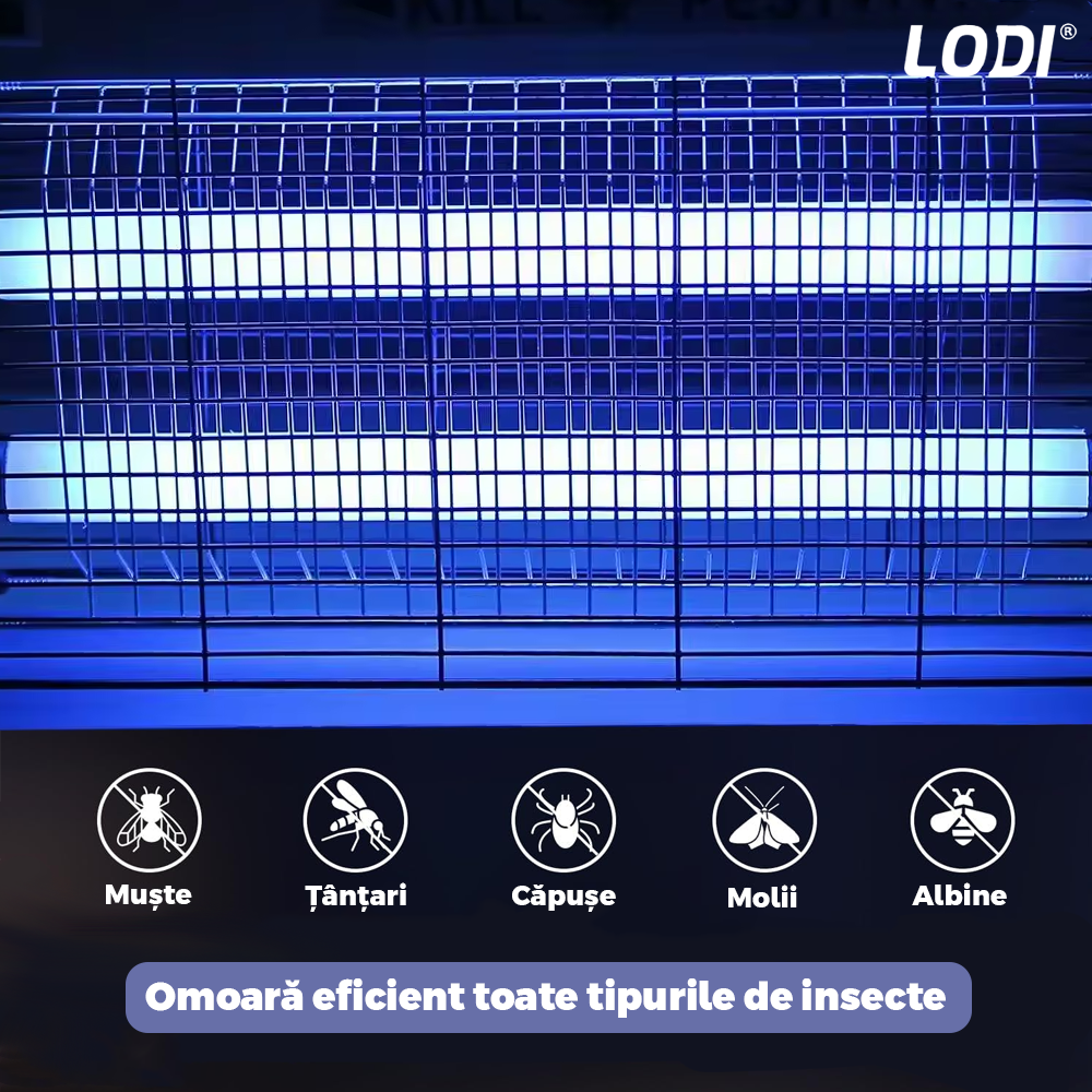 Aparat Electric Anti-Insecte Lodi1171, 16W, Insectocutor cu 2x tuburi ultraviolete, raza de actiune 200 m², unghi de propagare 360º, design modern, gri