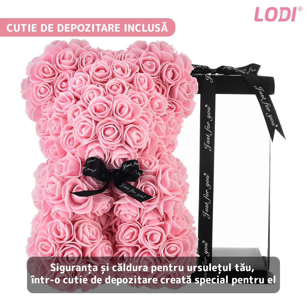 Ursulet din Trandafiri de Spuma Lodi331, floral roz, handmade, cutie transparenta, 25 cm