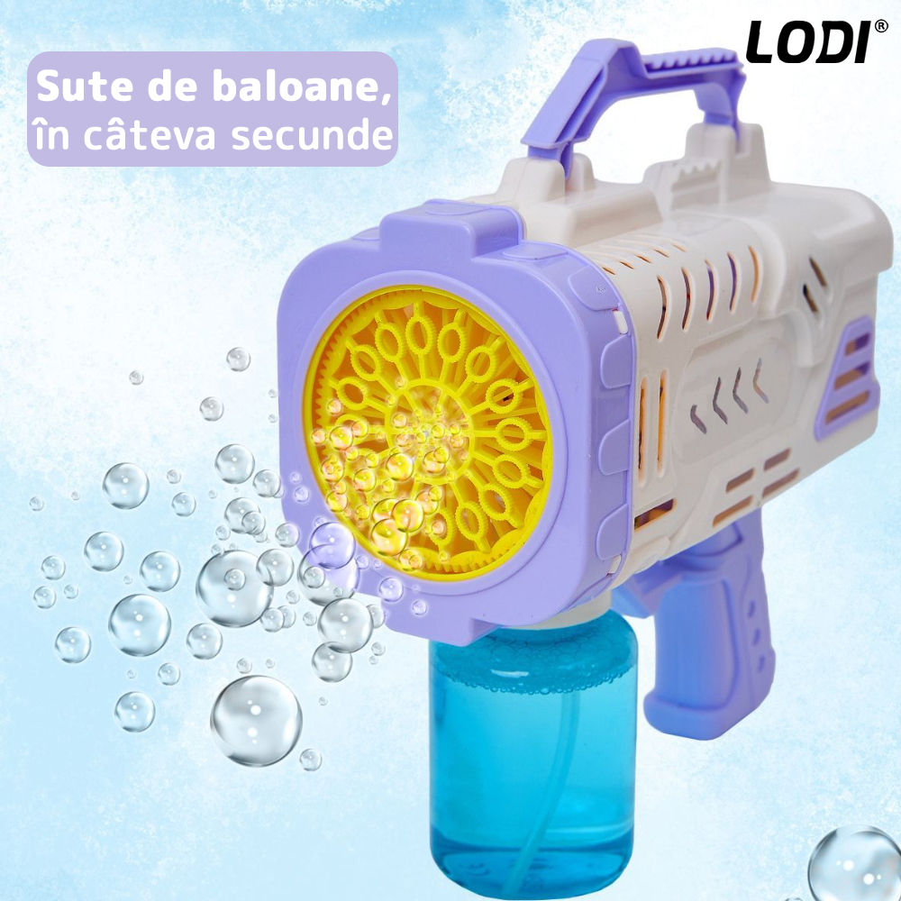Pistol de Facut Baloane Bubble Gun Lodi67, tip Bazooka, automat, rezerva incluse, alimentare cu baterii, alb/mov