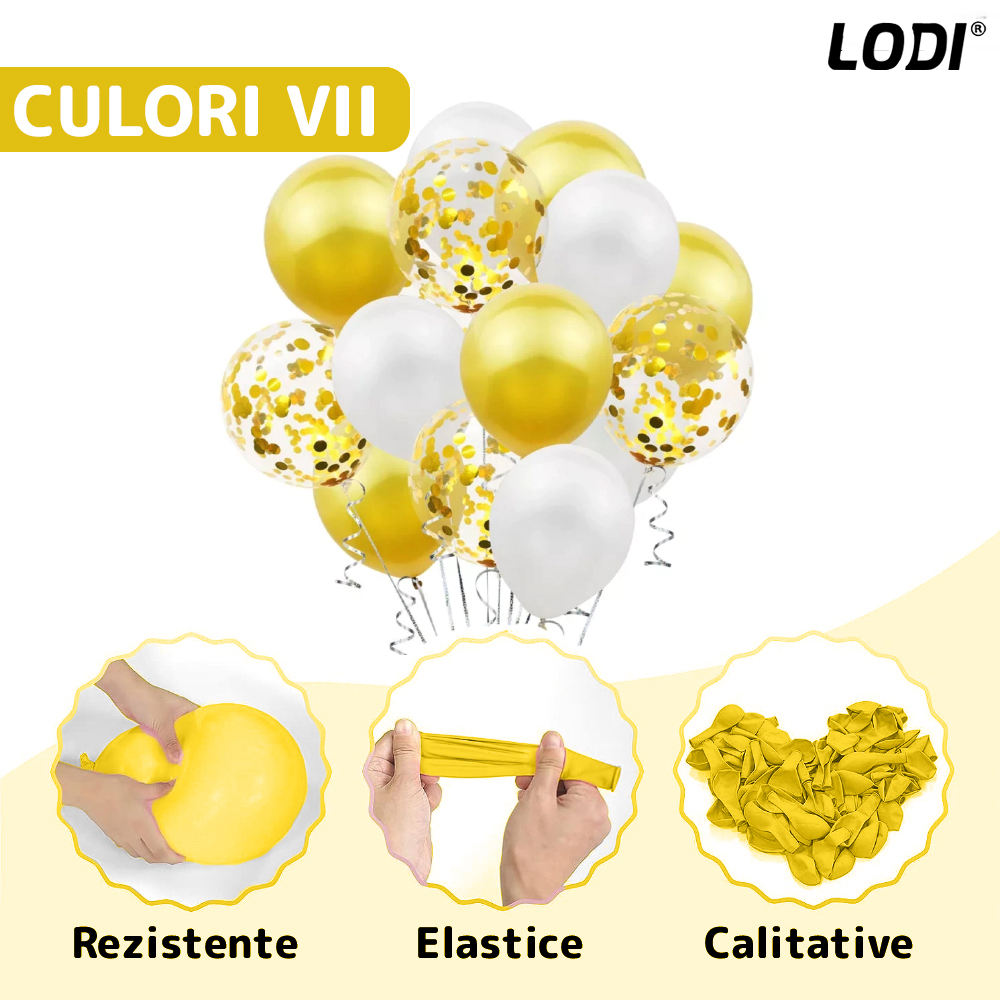Set 105 Baloane Lodi1489, Tip Arcada, pentru Petreceri/Aniversari/Evenimente, diverse modele, umplute cu confetti, latex, alb/auriu