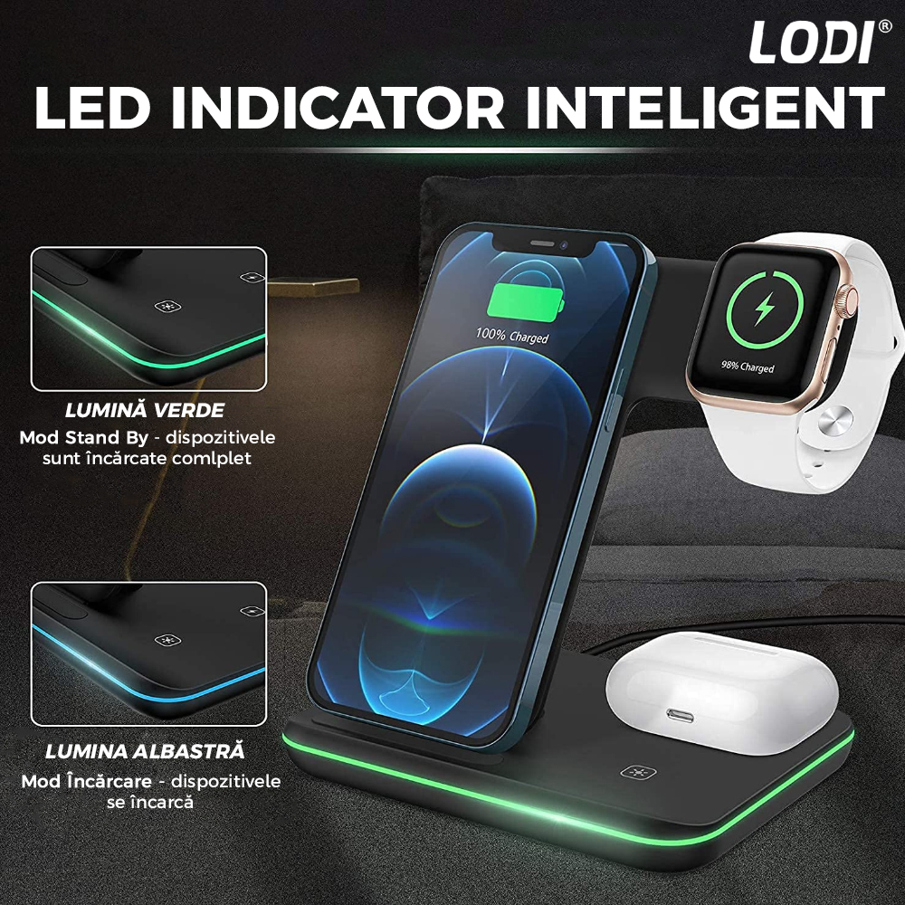 Incarcator Wireless Lodi9, Statie de Incarcare 3in1, LED indicator inteligent, Fast Charge, incarcare rapida, compatibilitate universala, negru