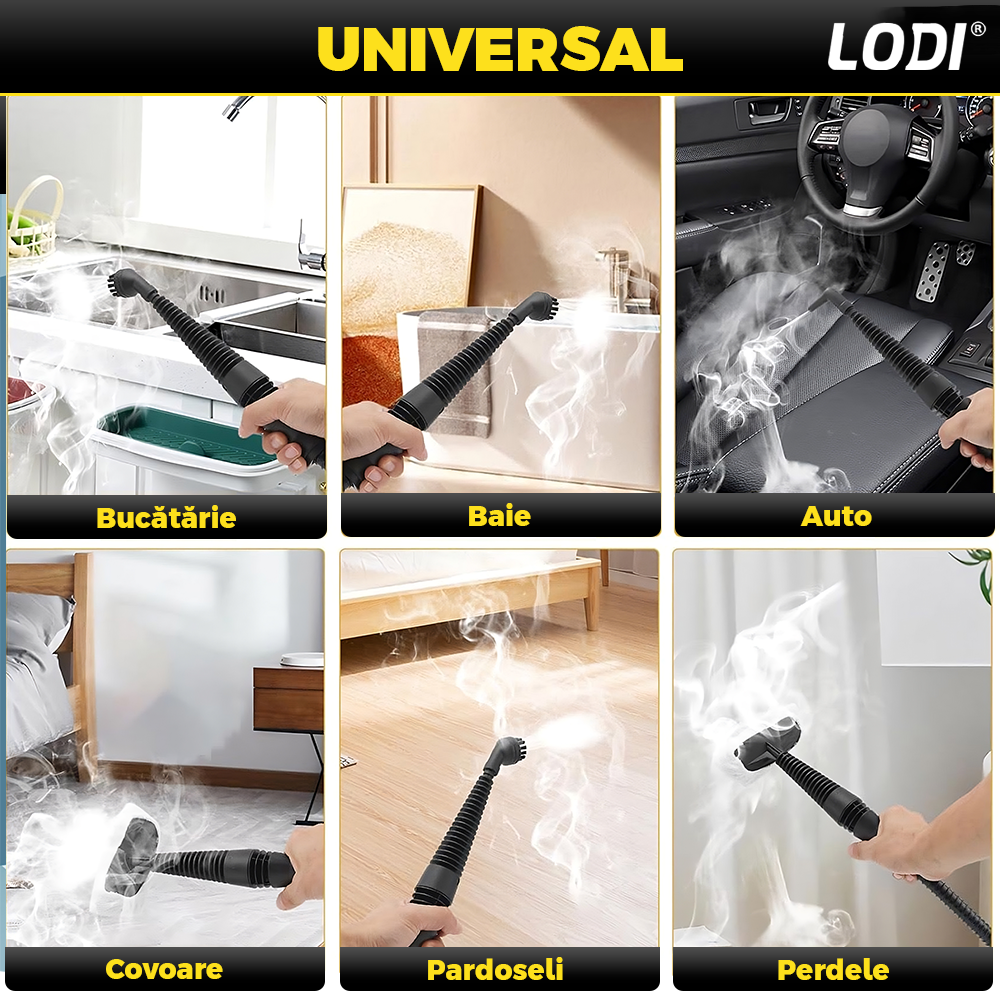 Aparat de Curat cu Abur Lodi1515, 3 Bar, incalzire imediata, capacitate mare, rezervor de 350 ml, presiune ridicata, temperatura 100-150°, accesorii incluse, putere 1200 W, galben/negru