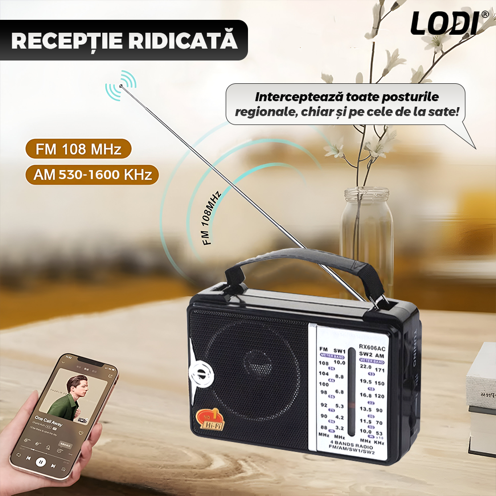 Radio Portabil Lodi1418, FM/AM/SW1/SW2, mod dual de alimentare, baterii/la priza, receptie ridicata ce prinde posturi regionale/la sate, negru