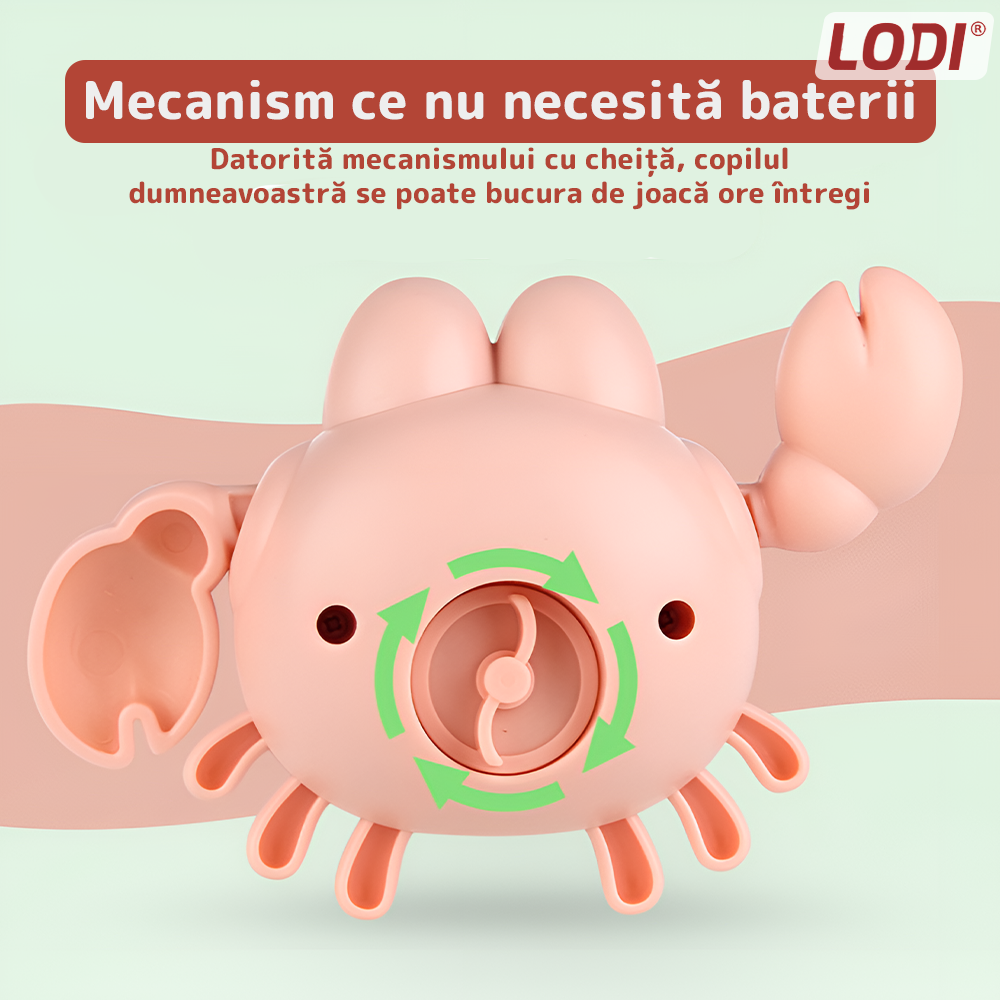 Jucarie de Baie pentru Copii Lodi857, Crab Inotator, interactiva, fara baterii, mecanism cu cheita, 9 x12 cm, bej/rosu