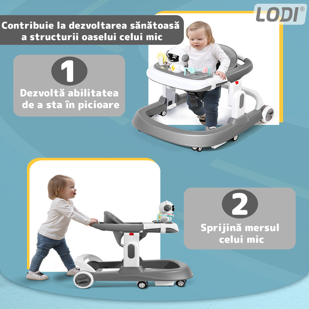 Premergator Multifunctional pentru Bebelusi Lodi516, tava cu 3 jucarii, muzica, reglabil, pliabil, greutate max 20kg, 6-36 luni, gri
