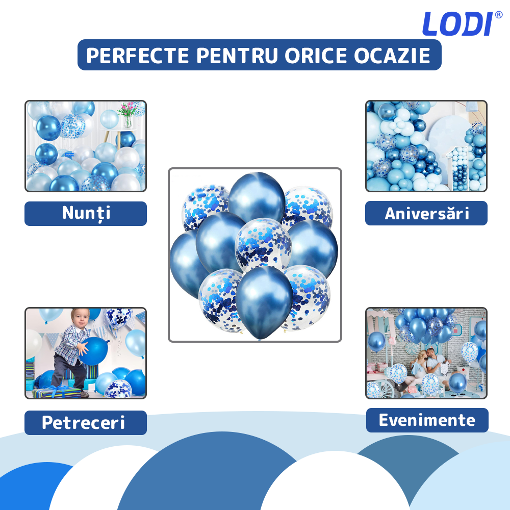 Set 10 Baloane Lodi725, Confeti, pentru Petreceri/Aniversari/Evenimente, o singura dimensiune, 2 culori, latex, albastru inchis