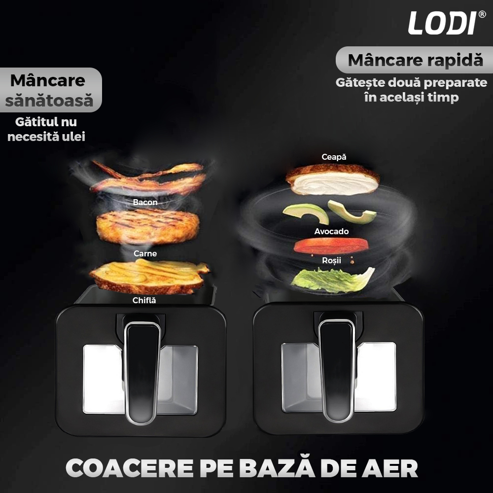 Friteuza Dubla Fara Ulei Air Fryer Lodi1120, 100 tavi de copt cadou, tehnologie smart sensing, programe smart chef automate, capacitate 10 L, tehnologie de eliminare a grasimii, functie de pastrare la cald,tensiune alimentare 240 V, negru