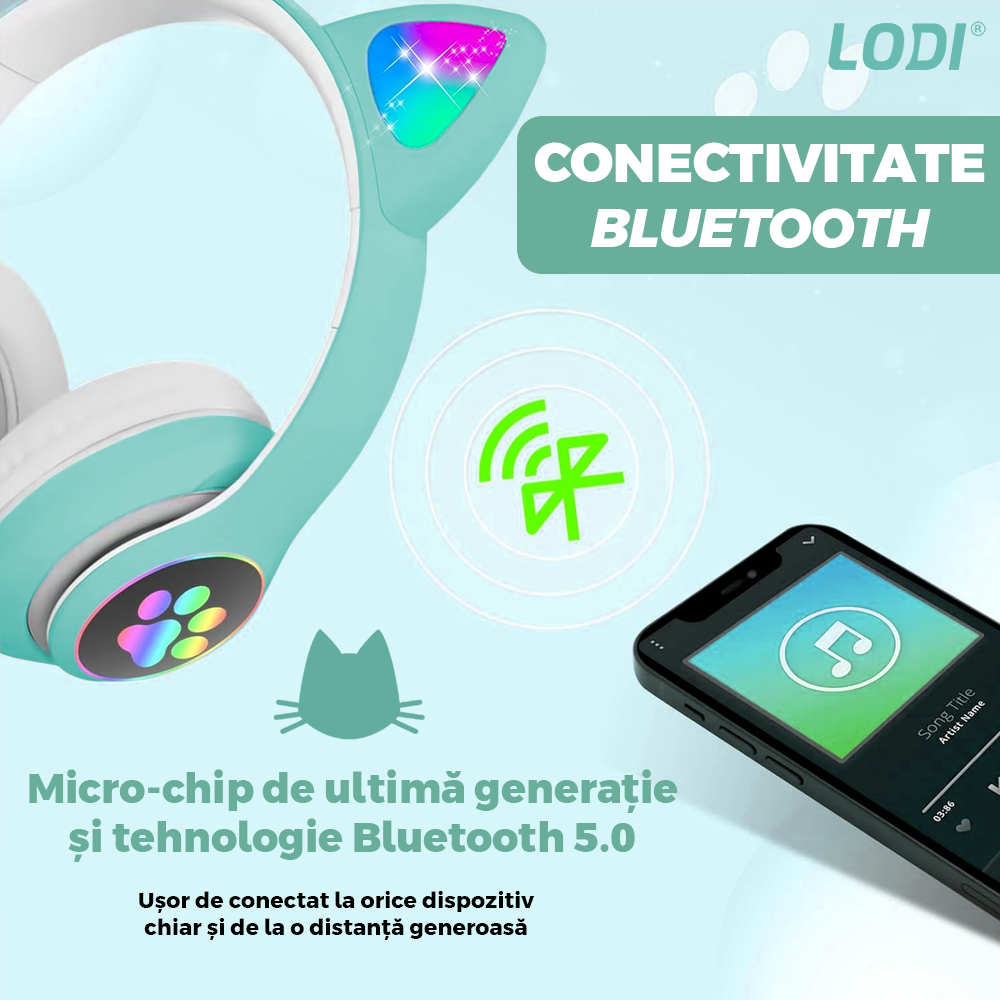 Casti Wireless Model Pisica Lodi948, STN-28, overear, urechi de pisica cu iluminare RGB, bluetooth 5.0, handsfree, HiFi, bass stereo, turcoaz