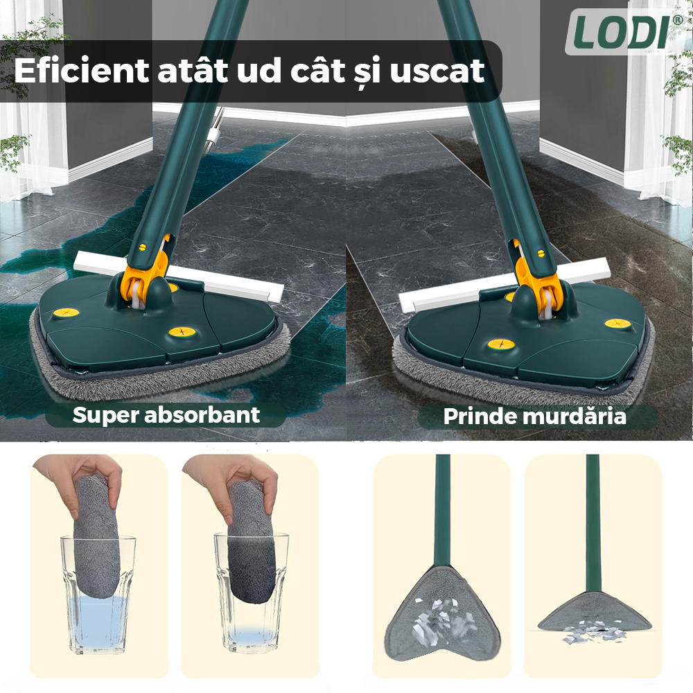 Mop cu Cap in Forma de Inima Lodi1158, rotire 360 grade, telescopic, curatare usoara, 127 cm, verde/galben
