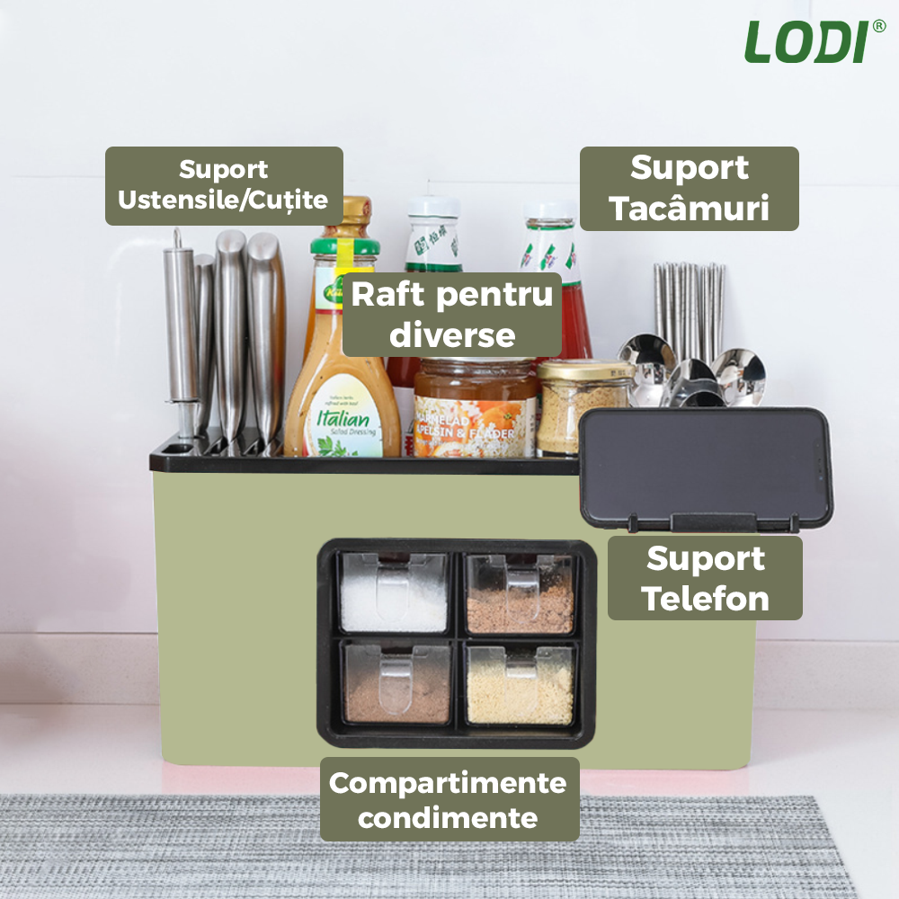 Organizator Multifunctional pentru Bucatarie Lodi536, 4 Compartimente, raft condimente, suport detasabil telefon, tavita de scurgere, suport tacamuri/ustensile, verde deschis
