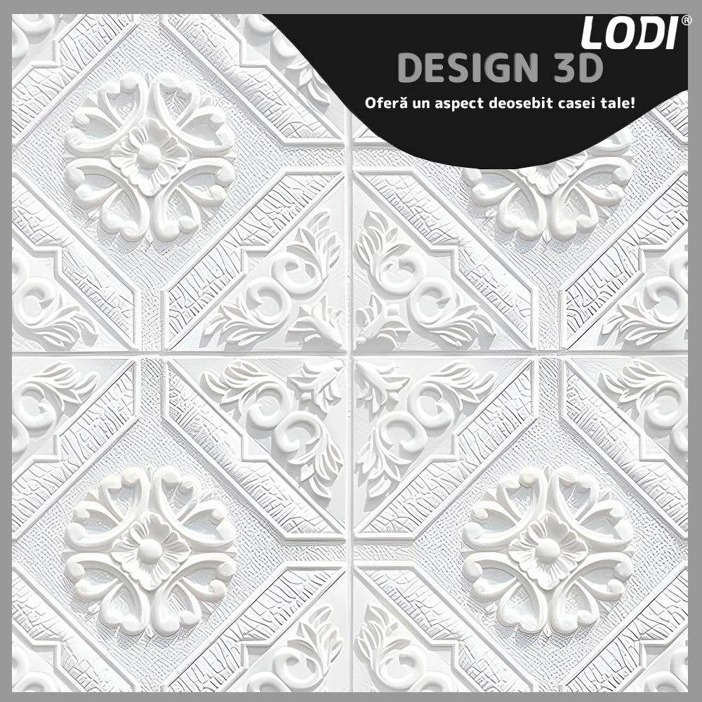 Set 10x Tapet 3D Lodi774, suprafata acoperire 4.9 mp, autoadeziv, Model Floral Carou, perete/tavan, waterproof, usor de montat, design modern, 70x70 cm, alb