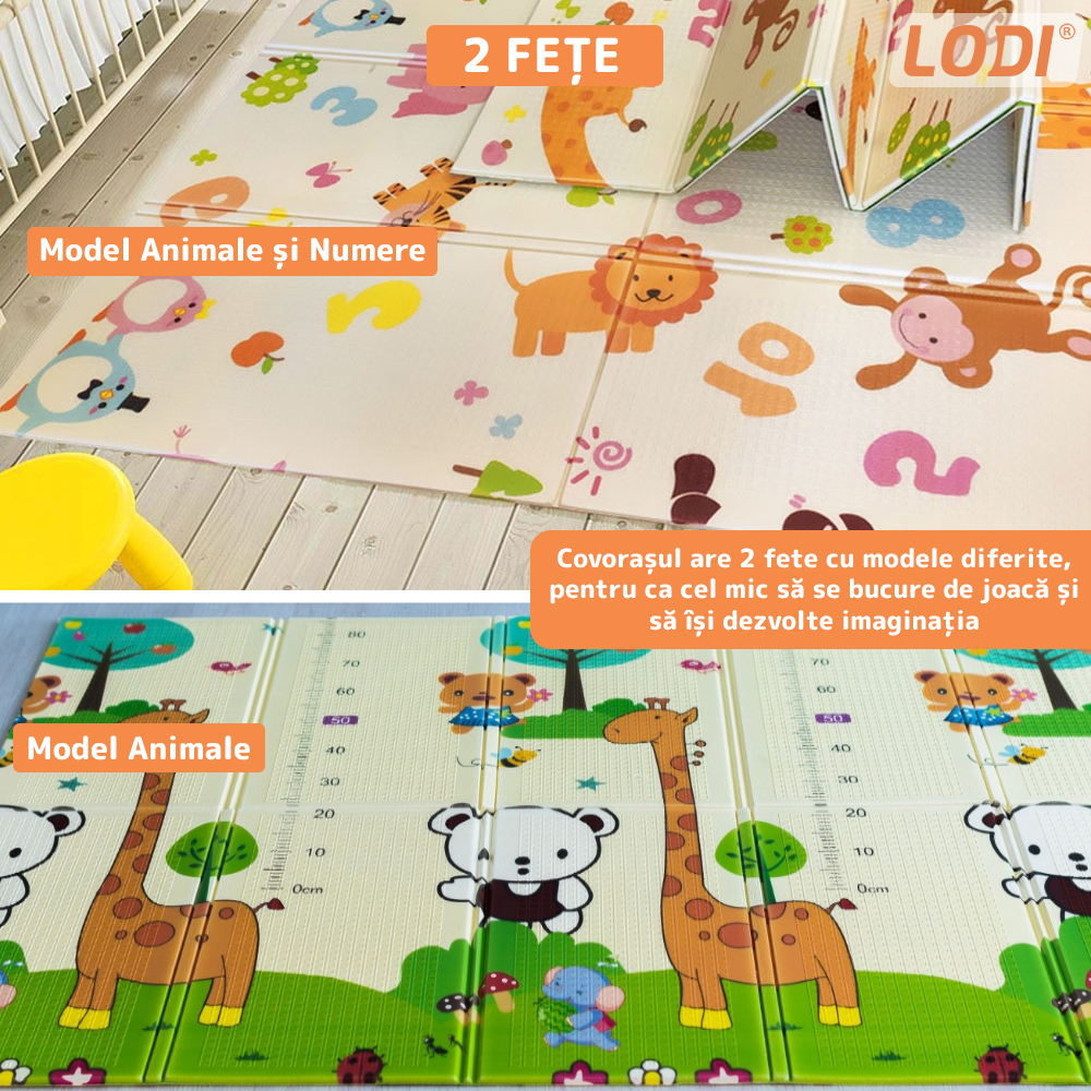 Covoras de Joaca pentru Copii Lodi289, 2 fete, termic, anti-derapant, pliabil, protectie impotriva loviturilor, animale si numere, 200x180cm, grosime 1 cm, multicolor