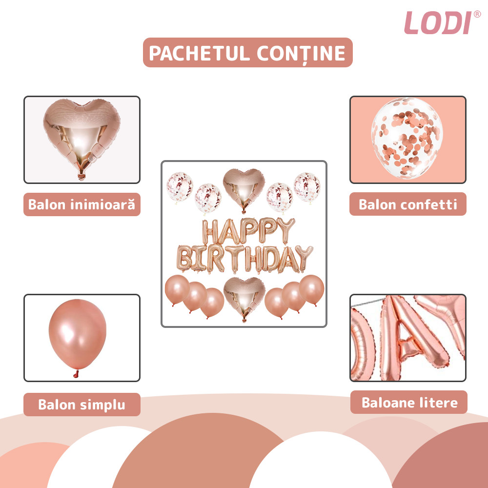 Set 25 Baloane Lodi754, Litere, pentru Petreceri/Aniversari/Evenimente, confetti, inimioare, model HAPPY BIRTHDAY, rose gold