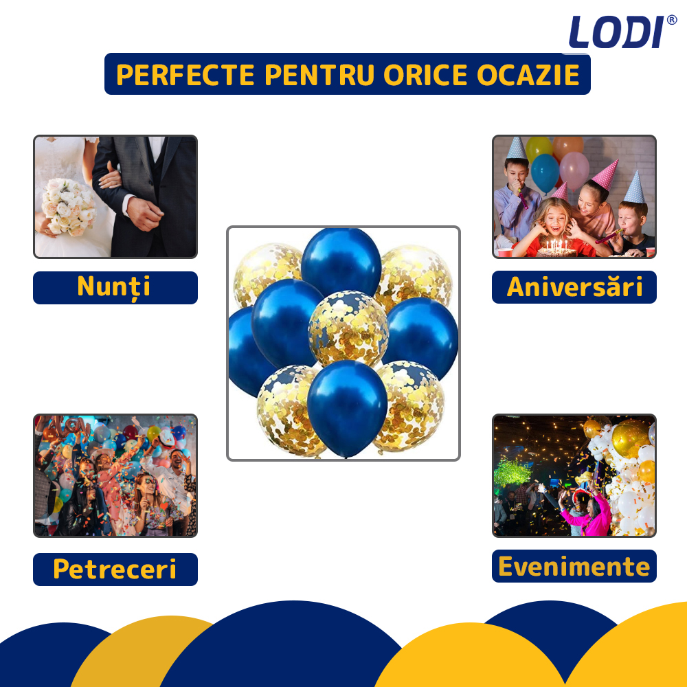 Set 10 Baloane Lodi257, Confeti, pentru Petreceri/Aniversari/Evenimente, o singura dimensiune, 2 culori, latex, albastru/auriu